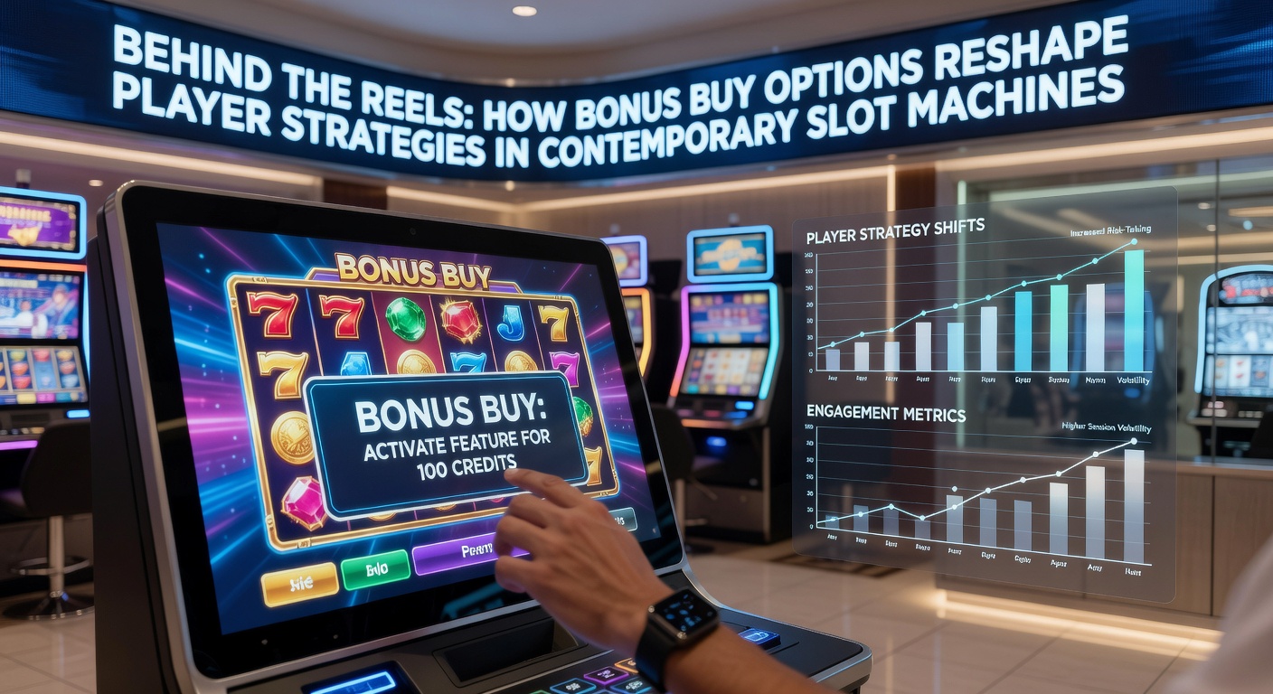 Spieler vor einem Slot-Automaten mit Bonus-Buy-Menü und strategischen Berechnungen auf dem Bildschirm