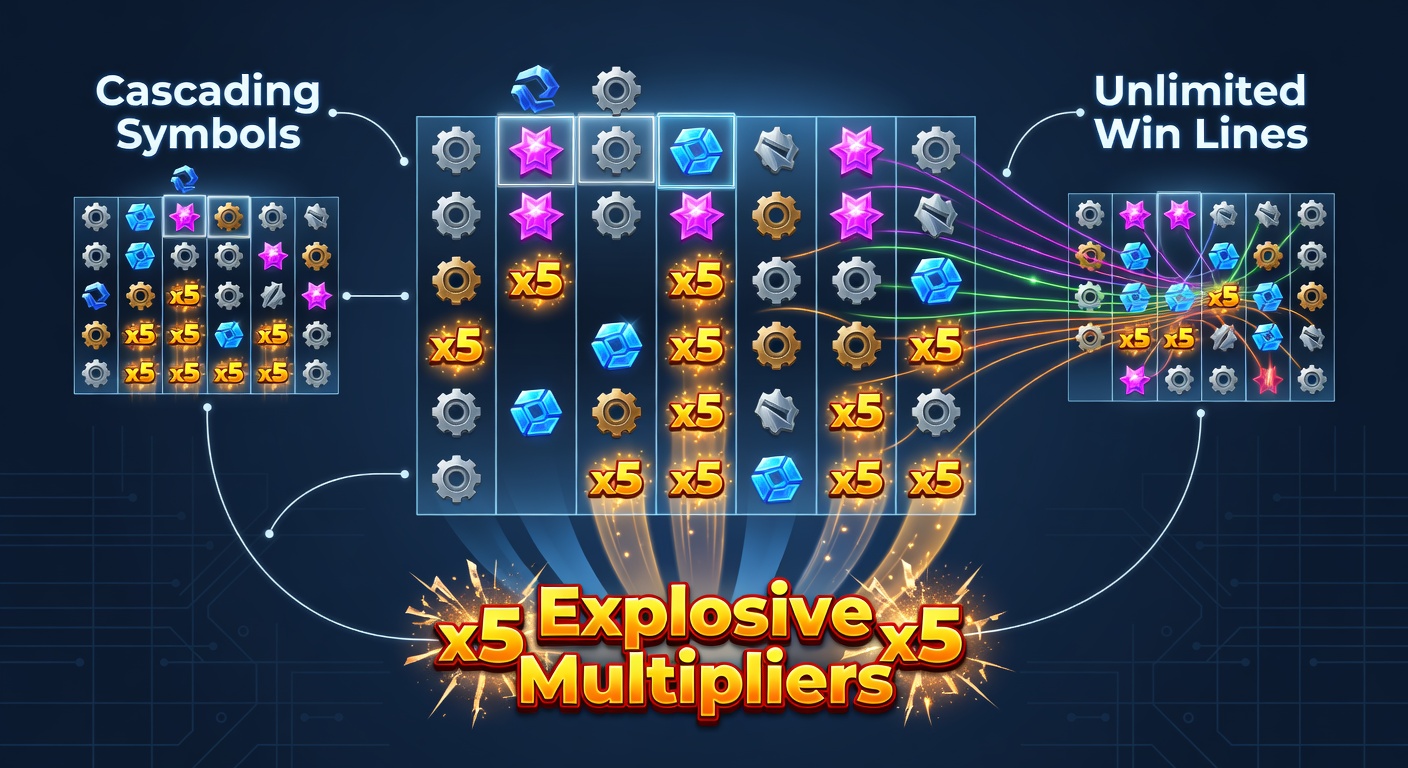 Detaillierte Animation von Multiplikatoren, die in einem Megaways-Slot explodieren, mit kaskadierenden Symbolen und steigenden Gewinnwegen